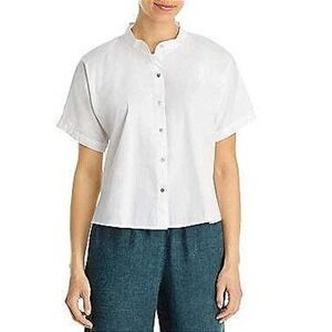 Eileen Fisher Mandarin Collar Shirt Organic Cotton Boxy Button White Size Medium
